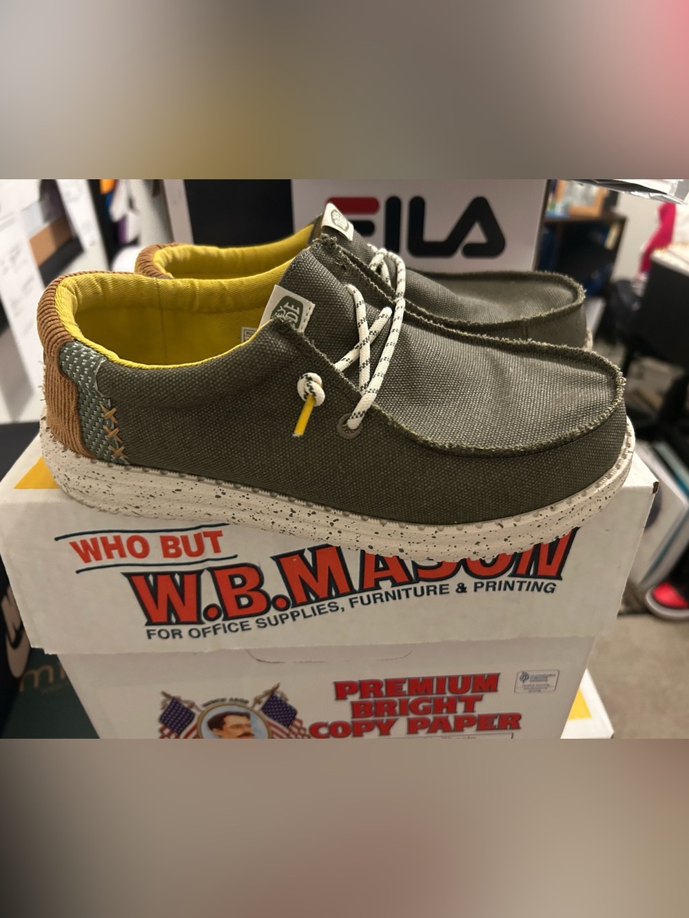 Hey Dude Olive Green Canvas Slip-On with Yellow Lining